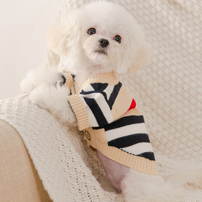 Maglione caldo per cani a righe beige, nere e rosse – perfetto per l'inverno