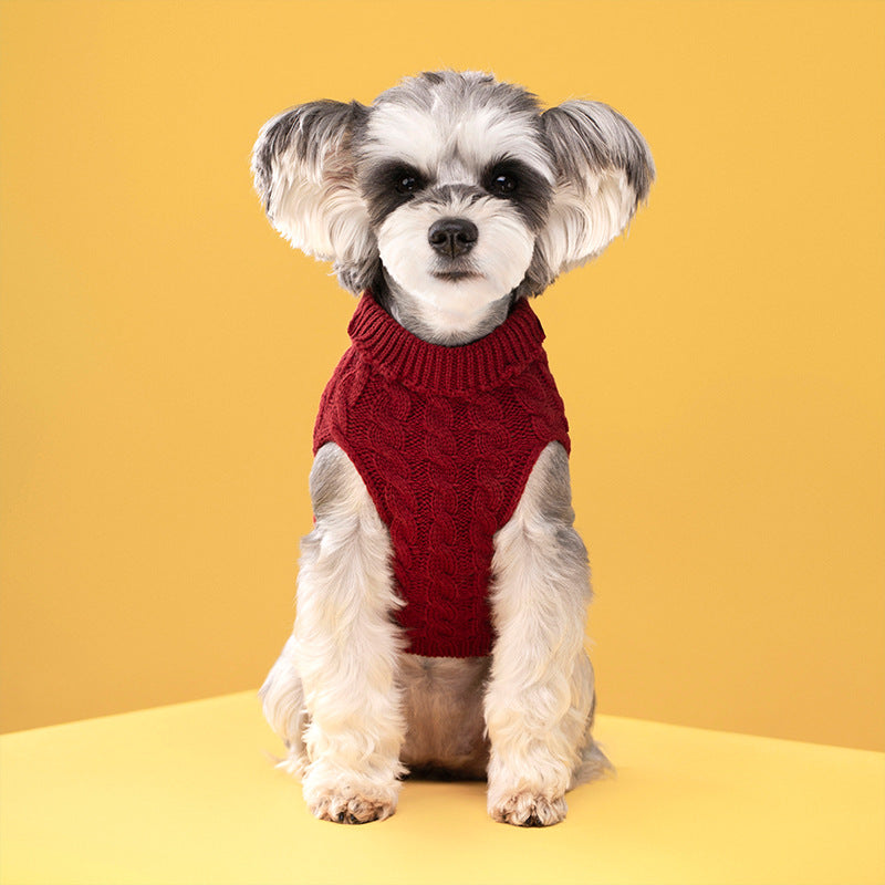 Maglione dolcevita spesso in tinta unita classico con motivo a intreccio di pasta fritta per cani e gatti in autunno e inverno