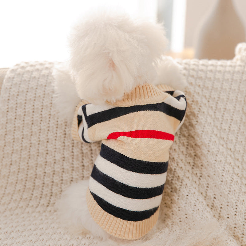 Maglione caldo per cani a righe beige, nere e rosse – perfetto per l'inverno