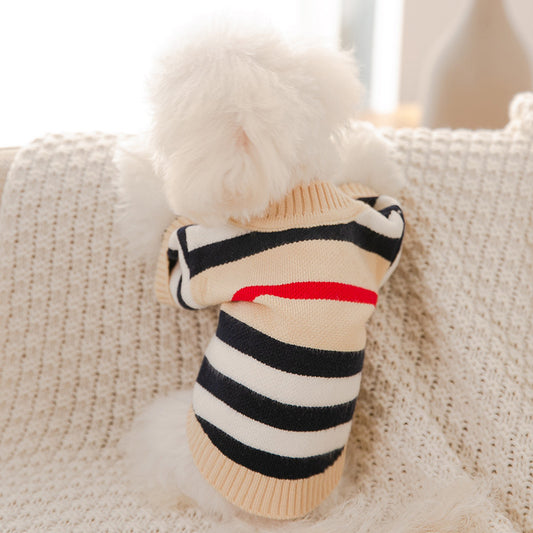 Maglione caldo per cani a righe beige, nere e rosse – perfetto per l'inverno