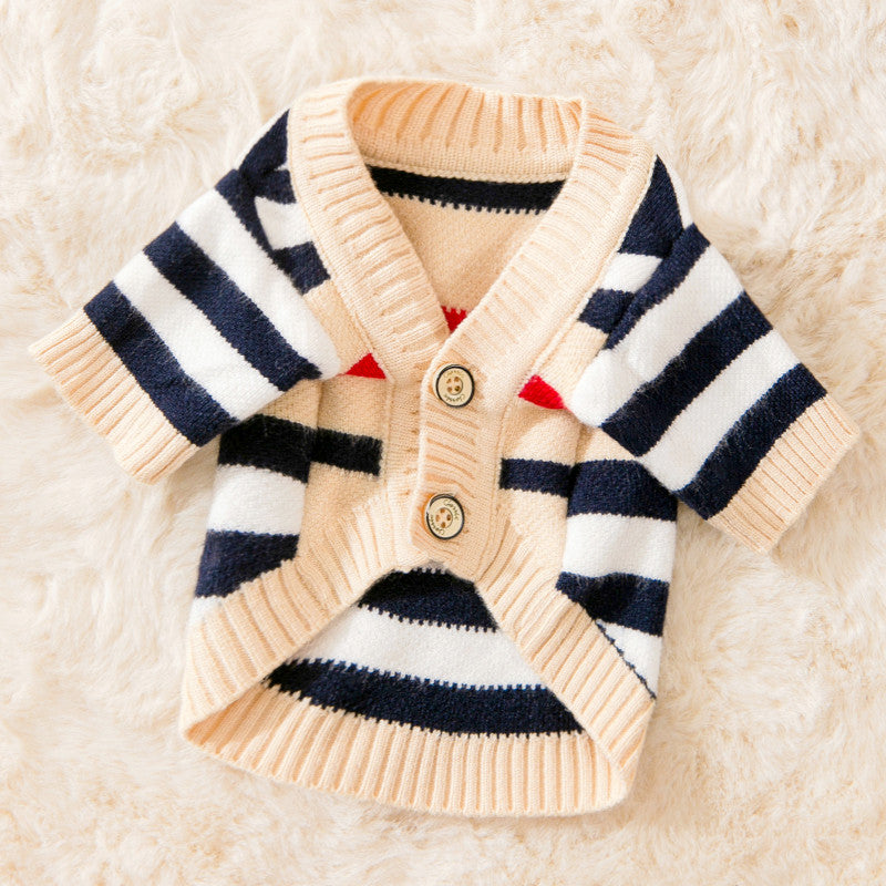 Maglione caldo per cani a righe beige, nere e rosse – perfetto per l'inverno