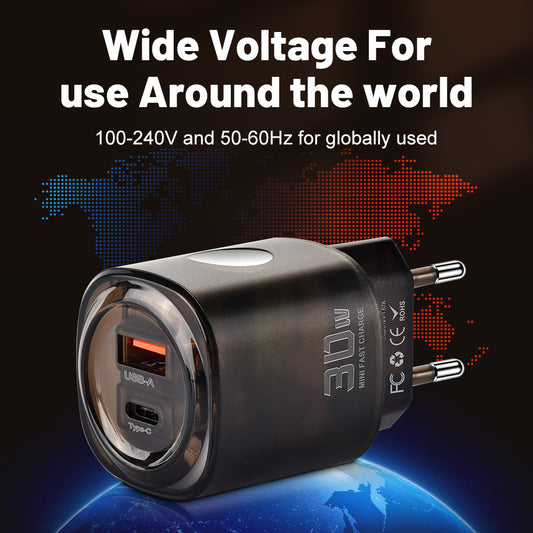 Caricatore da viaggio 30W USB + Type-C | Ricarica rapida per smartphone