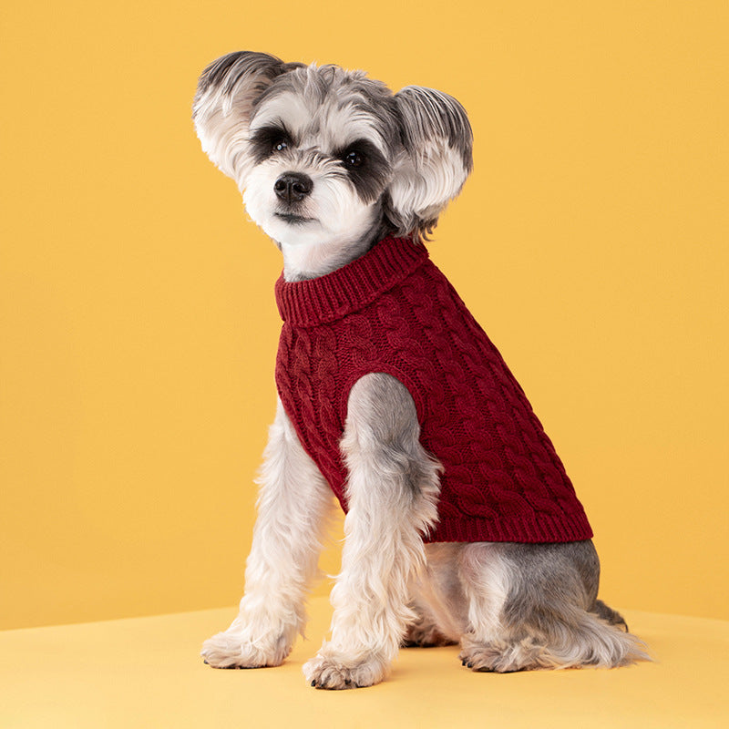 Maglione dolcevita spesso in tinta unita classico con motivo a intreccio di pasta fritta per cani e gatti in autunno e inverno
